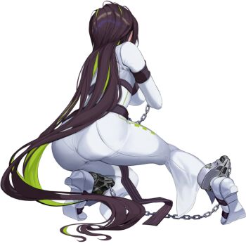 1girl ankle_cuffs ass ass_focus belt black_belt bodysuit bound bound_ankles bound_arms breasts brown_hair chain chain_leash colored_inner_hair cuffs from_behind full_body goddess_of_victory:_nikke green_hair guilty_(nikke) gun high_heels highres hobble huge_breasts leash long_hair multicolored_hair official_art ponytail restrained shackles shotgun skin_tight solo squatting straitjacket streaked_hair tiptoes transparent_background two-tone_hair very_long_hair weapon white_background white_bodysuit