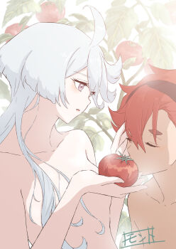 2girls black_hairband breasts commentary_request food fruit grey_eyes gundam gundam_suisei_no_majo hairband hand_in_another&#039;s_hair hand_on_another&#039;s_face highres holding holding_food holding_fruit leaf long_hair miorine_rembran monto_(user_dmde2437) multiple_girls nude parted_lips red_hair small_breasts suletta_mercury tomato upper_body white_hair yuri