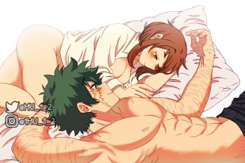 1boy 1girl abs arm_behind_head ass black_pants boku_no_hero_academia bottomless breasts brown_eyes brown_hair commentary english_commentary facial_scar green_eyes green_hair hetero instagram_username large_breasts lying midoriya_izuku mu_1_2 muscular muscular_male on_back on_side pants pectorals pillow scar scar_on_arm scar_on_cheek scar_on_face scar_on_hand smile twitter_username uraraka_ochako