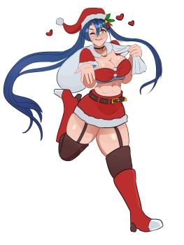 Rule 34 | 1girl, abs, black choker, boots, breasts, choker, cleavage, commentary, commission, detached sleeves, eiyuu densetsu, english commentary, floating hair, full body, hat, high heel boots, high heels, highres, holding, holding sack, large breasts, laura s. arseid, long hair, long single sidelock, midriff, muscular, muscular female, notejhay, one eye closed, outstretched arm, sack, santa bra, santa hat, second-party source, sen no kiseki, sen no kiseki (series), sen no kiseki iii, short sleeves, simple background, single sidelock, solo, tachi-e, very long hair, white background, yellow eyes