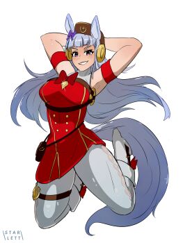 Rule 34 | 1girl, absurdres, animal ears, armband, armpits, arms behind head, blunt bangs, blush, bow, bowtie, breasts, brown hat, commentary, dress, ear bow, ear ribbon, english commentary, gold ship (red strife) (umamusume), gold ship (umamusume), grey hair, hat, highres, horse ears, horse girl, horse tail, jumping, long hair, looking at viewer, open mouth, pantyhose, pillbox hat, purple bow, purple eyes, red dress, simple background, sleeveless, sleeveless dress, smile, solo, starlett, striped armband, striped clothes, tail, umamusume, white background, white pantyhose