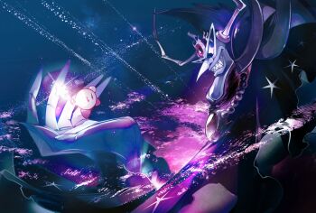 absurdres cape highres higuchi_megumi holding horns jewelry kirby kirby&#039;s_adventure kirby_(series) looking_at_another nightmare_(kirby) nintendo pendant sharp_teeth smile solid_oval_eyes sparkle star_(sky) star_(symbol) star_rod sunglasses teeth