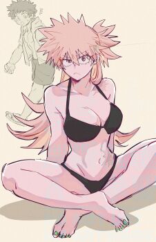1boy 1girl :< ^^^ abs absurdres arm_support bakugou_katsuki bibiri_(r42r98r) black_bra black_panties blonde_hair blue_nails boku_no_hero_academia bra breasts collarbone commentary_request full_body genderswap genderswap_(mtf) groin highleg highleg_panties highres indian_style jacket large_breasts long_hair midoriya_izuku midriff muscular muscular_male navel no_shirt on_ground open_clothes open_jacket panties rectangular_mouth sandals sanpaku shorts simple_background sitting solo_focus spiked_hair surprised tsurime underwear walking watermark watermark_grid white_background yellow_eyes