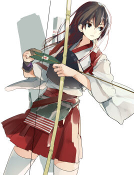 1girl akagi_(kancolle) arrow_(projectile) black_eyes bow_(weapon) brown_hair closed_mouth gloves hair_between_eyes hakama hakama_skirt holding holding_arrow holding_bow_(weapon) holding_weapon japanese_clothes kantai_collection kimono long_hair muneate onbr partially_fingerless_gloves partly_fingerless_gloves red_hakama rigging simple_background single_glove skirt solo tasuki thighhighs weapon white_background white_kimono white_thighhighs wide_sleeves yugake