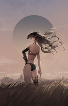 1girl armlet ass back bikini black_hair breasts butt_crack cotta_(heleif) earrings elbow_gloves expressionless fate/grand_order fate_(series) fingerless_gloves floating_hair from_behind gloves gold gold_earrings grass grey_sky highres hoop_earrings ishtar_(fate) jewelry long_hair mismatched_bikini possessed possession red_eyes single_elbow_glove single_fingerless_glove single_thighhigh sky solo standing swimsuit thighhighs thighlet tohsaka_rin two_side_up very_long_hair