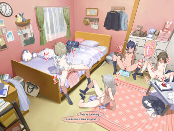 4girls absurdres analog_clock aqua_bra arm_support bag bar_censor bedroom bow bow_panties bowtie bra bra_lift breasts breasts_apart brown_hair censored chest_of_drawers clock closed_eyes clothes_lift commentary_request completely_nude curtains dildo female_ejaculation female_masturbation female_orgasm female_pubic_hair fingering fingering_through_clothes fingering_through_panties grey_hair grey_skirt grey_socks highres holding holding_sex_toy indoors knees_up legs_up lemontyoisy_r18 long_hair long_sleeves masturbation medium_hair motion_lines multiple_girls navel nipples no_shoes nude on_bed on_floor open_clothes open_shirt orgasm original panties petite pink_bra pink_panties pubic_hair pussy pussy_juice reclining red_bow red_bowtie rug school_bag sex_toy shirt sitting skirt small_breasts socks sound_effects speech_bubble spoken_squiggle spread_legs spread_pussy spreading_own_pussy squiggle steam steaming_body stomach straight_hair stuffed_animal stuffed_toy sweat table thought_bubble through_clothes towel underwear underwear_only unworn_bowtie unworn_bra unworn_panties unworn_shirt unworn_skirt wet wet_clothes wet_panties wet_spot white_shirt window yellow_bra yellow_panties