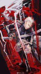 Rule 34 | 1boy, absurdres, blood, blood on face, blue coat, blue eyes, bone, closed mouth, coat, devil may cry (series), devil may cry 5, fingerless gloves, gloves, hair slicked back, highres, holding, holding sword, holding weapon, katana, male focus, red theme, sin node, skeleton, solo, sword, vergil (devil may cry), weapon, white hair, yamato (sword)