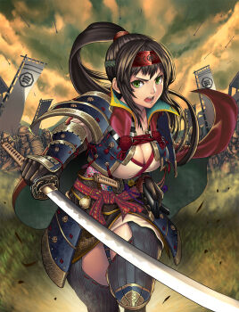 1girl armor army arrow_(projectile) banner battle black_gloves breasts brown_hair charging_forward cleavage crest family_crest full_armor gloves green_eyes headband helm helmet high_ponytail highres holding holding_sword holding_weapon japanese_armor kabuto_(helmet) kasen_(kasenjiki) katana kote kusazuri large_breasts long_hair mask nobori open_mouth orange_sky ponytail samurai scabbard sengoku_taisen sheath shoulder_armor sky sode soldier solo_focus sword thighhighs tsuruhime_(sengoku_taisen) war weapon