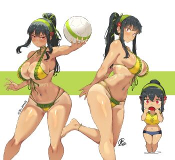 1girl ball bare_legs barefoot belly_piercing bikini black_hair blue_shorts brazilian_flag brazilian_flag_print chibi chibi_only commentary feet feet_out_of_frame flag_print flower green_hairband hair_flower hair_ornament hairband holding holding_ball jk_arts legs long_hair multiple_girls navel navel_piercing piercing ponytail red_eyes shirt shorts smile soccer_ball spy_x_family stomach swimsuit tan tanline toes twitter_strip_game twitter_username two-tone_background yellow_bikini yellow_shirt yor_briar