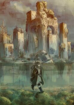 1girl architecture boots building coat ephe99261012 hands_in_pockets hashtag-only_commentary highres lake long_hair on_rock original outdoors overcast overgrown post-apocalypse ruins sketch sky skyline skyscraper solo sword sword_on_back walking water weapon weapon_on_back wide_shot