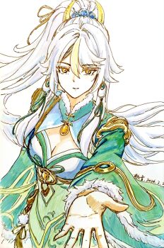 1girl absurdres aochi_songsongmianbao_desongsongzi artist_name breasts chinese_clothes chinese_commentary cleavage cleavage_cutout clothing_cutout commentary_request dated dress earrings fur_trim genshin_impact green_dress hair_ornament high_ponytail highres jewelry long_hair looking_at_viewer medium_breasts multicolored_hair outstretched_hand ponytail solo streaked_hair traditional_media white_hair yellow_eyes zibai_(genshin_impact)