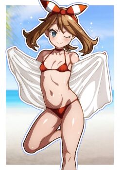 1girl ;) absurdres bare_legs bare_shoulders beach bikini blue_eyes blue_sky blurry blurry_background border bow bow_hairband breasts brown_hair choker closed_mouth hairband highres holding holding_towel lens_flare light_blush looking_at_viewer may_(pokemon) naoillus navel nintendo ocean one_eye_closed outline outside_border pokemon pokemon_omega_ruby_and_alpha_sapphire red_bikini red_bow red_choker red_hairband shore sky small_breasts smile solo standing standing_on_one_leg string_bikini swimsuit thighhighs towel two-tone_bow white_border white_bow white_outline