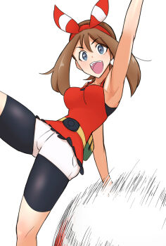 1girl :d arm_up armpits bike_shorts bike_shorts_under_skirt black_shorts bow bow_hairband brown_hair fanny_pack grey_eyes hair_between_eyes hair_bow hairband highres looking_at_viewer may_(pokemon) nintendo open_mouth poke_ball poke_ball_(basic) pokemon pokemon_oras red_bow red_hairband red_shirt shirt shorts sleeveless sleeveless_shirt smile solo teeth throwing throwing_poke_ball upper_teeth_only vanishingknife white_background white_shorts