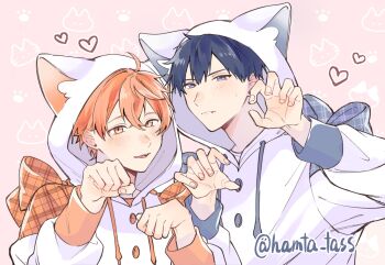 2boys animal_hood black_hair blue_eyes blush closed_mouth commentary_request couple fang given hamta_tass hands_up heart highres hood looking_at_viewer male_focus multiple_boys open_mouth orange_eyes orange_hair satou_mafuyu teeth uenoyama_ritsuka watermark yaoi