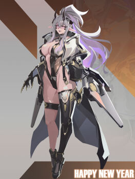 1girl black_boots black_gloves black_leotard black_thighhighs boots breasts center_opening cleavage crossed_bangs gloves grey_background grey_hair hair_between_eyes happy_new_year highres large_breasts leotard long_hair long_sleeves looking_at_viewer new_year orange_background original pointy_ears single_thighhigh smjim1986 solo thighhighs two-tone_background very_long_hair yellow_eyes