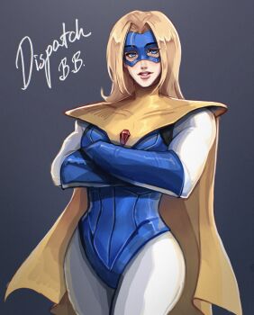 blonde_blazer blonde_hair blue_eyes cape dispatch english_text gloves highres leotard mask