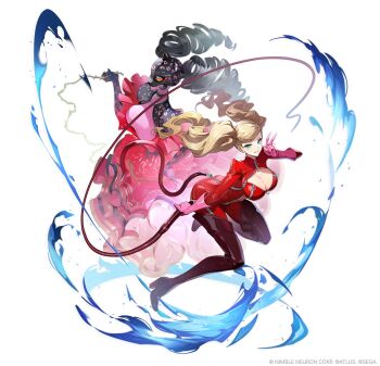 Rule 34 | 2girls, ass, black survival, blonde hair, blue eyes, bodysuit, boots, breasts, carmen (persona 5), choker, cleavage, cleavage cutout, clothing cutout, colored skin, eternal return: black survival, female focus, full body, gloves, highres, large breasts, long hair, looking at viewer, mask, multiple girls, official art, persona, persona 5, pink skin, skin tight, tail, takamaki anne, thigh boots, twintails, v, whip