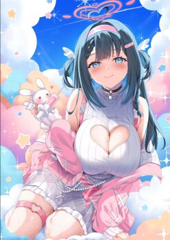 1girl ahoge amano_nene_(vtuber) amano_nene_(tenshi)_(vtuber) arm_support asymmetrical_bangs bad_source bandaid bandaid_hair_ornament bare_shoulders big_love_technician_(amano_nene) black_choker blue_clouds blue_eyes blue_hair blue_sky blush braid braided_bangs breasts chest_harness choker cleavage cleavage_cutout closed_mouth clothing_cutout cloud colored_inner_hair creature cross-laced_clothes cross-laced_sleeves full_body grey_skirt hair_ornament hairband halo harness heart heart_ahoge heart_cutout heart_halo heart_o-ring holding holding_creature indie_virtual_youtuber jacket jacket_partially_removed large_breasts long_hair looking_at_viewer miniskirt mole mole_on_breast multicolored_hair o-ring o-ring_choker o-ring_thigh_strap off_shoulder pink_clouds pink_hairband pink_halo pink_jacket pleated_skirt raiou ribbed_shirt screencap shirt sitting skirt sky sleeveless sleeveless_turtleneck smile solo swept_bangs thigh_strap turtleneck turtleneck_shirt two_side_up virtual_youtuber white_shirt wing_hair_ornament winged_heart yokozuwari