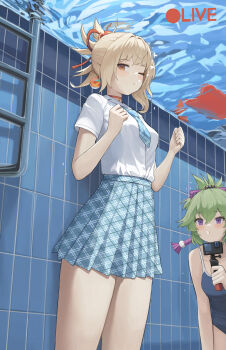 2girls absurdres action_camera alternate_costume blonde_hair blue_necktie blush breasts camera choker commission dolri genshin_impact green_hair hair_up highres holding holding_breath holding_camera kuki_shinobu looking_at_viewer medium_breasts multiple_girls necktie one_eye_closed orange_eyes pixiv_commission plaid_clothes plaid_necktie plaid_skirt purple_eyes red_choker school_swimsuit school_uniform shirt skirt swimsuit underwater video_camera white_shirt yoimiya_(genshin_impact)