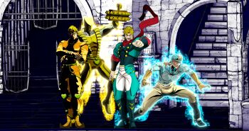 absurdres alternate_costume aura blonde_hair blood blood_on_face diego_brando dio_brando gloves hat highres jacket jojo_pose koishit_(artist) mullet orange_hair patterned_clothing red_scarf scarf the_world vampire yellow_jacket