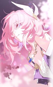 1girl bare_shoulders blue_eyes breasts coat cyrene_(aedes_elysiae)_(honkai:_star_rail) cyrene_(honkai:_star_rail) dress hashtag-only_commentary highres honkai:_star_rail honkai_(series) jewelry necklace ourkeys118838 pink_hair purple_coat purple_sky short_hair sky small_breasts solo twitter_username white_dress