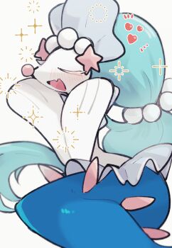 1girl :d bad_tag blue_hair blush closed_eyes colored_eyelashes fang furry furry_female gem gen_7_pokemon hair_ornament heart highres long_hair looking_at_viewer mermaid monster_girl multi-tied_hair nintendo open_mouth pearl_(gemstone) pearl_hair_ornament pokemon pokemon_(creature) primarina sea_lion simple_background sitting skin_fang smile snout solo sstoh starfish_hair_ornament upper_body