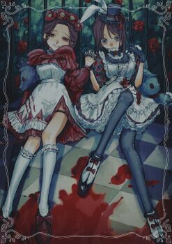 2girls animal_ears apron blood blood_on_clothes blue_eyes blue_gloves blue_pants bow bowtie brown_eyes brown_hair dress emily_dyer emma_woods fake_animal_ears flower frilled_apron frilled_dress frilled_socks frills gloves hair_between_eyes half-closed_eyes hat highres hnnstkn001 holding_hands identity_v interlocked_fingers kneehighs looking_at_viewer maid_apron mini_hat mini_top_hat multiple_girls pants pants_under_skirt pantyhose protected_link puffy_short_sleeves puffy_sleeves rabbit_ears red_bow red_dress red_flower red_rose red_shawl red_shoes rose shawl shoes short_hair short_sleeves sitting skirt smile socks stuffed_animal stuffed_toy thigh_strap top_hat torn_clothes torn_skirt white_apron white_dress white_socks yuri