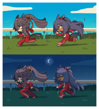 Rule 34 | 2girls, animal ears, bandaid, bandaid on face, bandaid on nose, black hair, blue sky, blush, breasts, closed eyes, closed mouth, cloud, crescent moon, dark-skinned female, dark skin, day, deformed, ear scrunchie, exhausted, fang, hair between eyes, highres, hishi amazon (umamusume), horse ears, horse girl, horse tail, hwipa (param blue), jacket, long hair, long sleeves, moon, multiple girls, narita brian (umamusume), night, night sky, open mouth, pants, ponytail, red eyes, red jacket, red scrunchie, red track suit, rope, running, scrunchie, shimenawa, sky, star (sky), tail, tracen training uniform, track jacket, track pants, track suit, training, umamusume, very long hair, yellow eyes