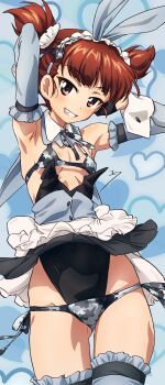 1girl absurdres alternate_costume black_leotard bra breasts erakin feet_out_of_frame girls_und_panzer highres leotard looking_at_viewer maid maid_headdress mikko_(girls_und_panzer) panties red_eyes small_breasts smile solo teeth thighhighs twintails underwear white_wrist_cuffs wrist_cuffs yellow_eyes