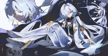 1girl absurdres breasts chinese_commentary colored_eyelashes commentary_request dress earrings full_body glint grey_hair hair_intakes hair_ornament halo high_heels highres id_card jacket jewelry katachi_noboru_nishikino knees_up long_hair looking_at_viewer mornye_(wuthering_waves) multiple_views partial_commentary purple_dress red_eyes see-through_body sitting small_breasts tacet_mark_(wuthering_waves) triangle_earrings white_jacket wuthering_waves