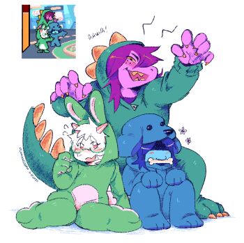1boy 1girl 1other animal_costume animal_ears blue_skin bone bone_in_mouth claws colored_skin deltarune dog_costume furry furry_female furry_male goat_boy goat_ears green-framed_eyewear highres kris_(dark_world)_(deltarune) kris_(deltarune) kris_(susiezilla)_(deltarune) lluminousllama purple_skin rabbit_costume rabbit_ears ralsei ralsei_(susiezilla) reference_inset reptile_girl sharp_teeth simple_background smile susie_(dark_world)_(deltarune) susie_(deltarune) susiezilla teeth utdr_(toby_fox) white_fur