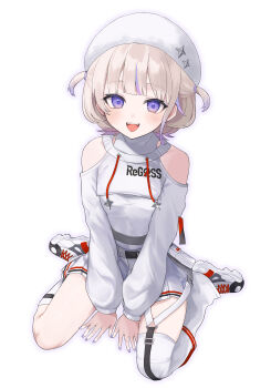 1girl absurdres beret blonde_hair breasts clothing_cutout commentary_request hat highres hololive hololive_dev_is leotard looking_at_viewer multicolored_hair nail_polish pleated_skirt purple_eyes purple_hair purple_nails shirakabamoga shoes short_hair shoulder_cutout shrug_(clothing) single_thighhigh sitting skirt small_breasts solo streaked_hair thighhighs todoroki_hajime todoroki_hajime_(regloss_uniform) virtual_youtuber wariza white_leotard white_shoes white_shrug white_skirt white_thighhighs