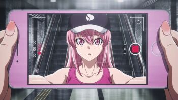 1girl 2025 20s animated animated_gif bare_shoulders baseball_cap breasts byobugaura_homare cellphone cleavage escalator hat iphone large_breasts long_hair nail_polish phone pink_eyes pink_hair pink_sports_bra smartphone smile sports_bra subway subway_station tagme tougen_anki