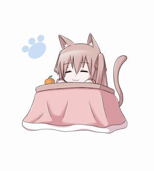 >:3 >_< ... 1girl :3 =_= animal_ears animated animated_gif brown_hair cat_ears cat_tail chibi closed_eyes female_focus food fruit kotatsu kuwachii light_bulb mandarin_orange o_o original paw_print simple_background solo table tail under_kotatsu under_table v-shaped_eyebrows x3