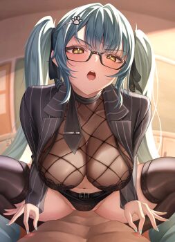 1boy 1girl aqua_hair assertive_female black_necktie black_panties black_thighhighs black_vest breasts classroom commentary_request fishnet_top fishnets girl_on_top glasses goddess_of_victory:_nikke hetero highres large_breasts long_hair looking_at_viewer m_legs necktie nipple_rub nipple_stimulation nipple_tweak official_alternate_costume open_mouth panties privaty_(nikke) privaty_(sharp_lesson)_(nikke) spread_legs thighhighs thighs tsukkyi07 twintails underwear very_long_hair vest yellow_eyes