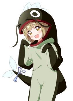1girl :d blue_ribbon blunt_bangs blunt_ends blush brown_eyes brown_hair commentary commission cowboy_shot dot_nose fish_costume hands_up haru_(konomi_150) highres kurusu_yuzuko looking_at_viewer open_mouth pani_poni_dash! pixiv_commission ribbon short_hair simple_background smile solo white_background