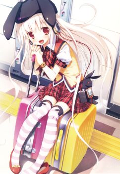 1girl :d animal_ears animal_hat bag blush bow bowtie collar facing_to_the_side fake_animal_ears flats floating_hair full_body gwave hands_up hat head_tilt headphones highres knees_together_feet_apart leaning_forward leaning_to_the_side long_hair looking_at_viewer nimura_yuuji on_suitcase open_mouth original outdoors own_hands_together petite pink_thighhighs plaid_bow plaid_bowtie plaid_clothes plaid_skirt puffy_short_sleeves puffy_sleeves rabbit rabbit_ears red_eyes red_sailor_collar red_shoes rolling_suitcase sailor_collar school_uniform shirt shoes short_sleeves single_shoe sitting skinny skirt smile solo striped_clothes striped_thighhighs stuffed_animal stuffed_rabbit stuffed_toy subway suitcase sweater_vest tactile_paving thighhighs train_station untucked_shirt unworn_shoes very_long_hair white_collar white_hair white_shirt white_thighhighs wrist_cuffs yellow_sweater_vest zettai_ryouiki