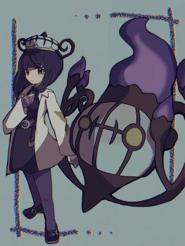 1girl absurdres belt belt_buckle black_dress black_shoes bob_cut buckle chandelure closed_mouth coat commentary_request dress full_body gen_5_pokemon gloves gwynn_(pokemon) hat highres long_sleeves looking_at_viewer nintendo o-ring o-ring_belt open_clothes open_coat pantyhose partially_fingerless_gloves pokemon pokemon_(creature) pokemon_legends:_z-a purple_eyes purple_gloves purple_hair saltmusubi_12 shoes short_hair standing white_coat