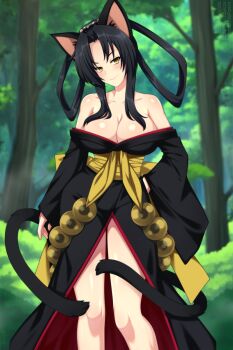 1girl animal_ears bare_shoulders black_hair black_kimono blurry blurry_background breasts cat_ears cat_girl cat_tail cleavage closed_mouth collarbone commentary contrapposto day english_commentary female_focus forest hair_rings hand_on_own_hip high_school_dxd highres japanese_clothes kimono kuroka_(high_school_dxd) large_breasts lindaroze long_hair long_sleeves looking_at_viewer multiple_tails nature obi off_shoulder outdoors sash slit_pupils smile solo standing tail thighs tree two_tails wide_sleeves yellow_eyes