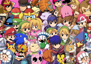 00s 5girls 6+boys baseball_bat blush bowser bracer captain_falcon child diddy_kong donkey_kong donkey_kong_(series) donkey_kong_country dual_persona everyone f-zero falco_lombardi family_computer_robot fire_emblem fire_emblem:_mystery_of_the_emblem fire_emblem:_path_of_radiance fire_emblem:_the_binding_blade food fox_mccloud fruit furry furry_male game_&amp;_watch ganondorf gen_1_pokemon gen_2_pokemon gen_4_pokemon ice_climber ice_climbers ike_(fire_emblem) jigglypuff kid_icarus king_dedede kirby kirby_(series) koopa legendary_pokemon link lucario lucas_(mother_3) luigi mario mario_(series) marth_(fire_emblem) meta_knight metal_gear_(series) metal_gear_solid metroid mewtwo monkey mother_(series) mother_2 mother_3 mr._game_&amp;_watch multiple_boys multiple_girls nana_(ice_climber) ness_(mother_2) nintendo olimar pichu pikachu pikmin_(creature) pikmin_(series) pit_(kid_icarus) pointy_ears pokemon pokemon_(creature) pokemon_frlg popo_(ice_climber) power_suit_(metroid) princess_peach princess_zelda quiff red_(pokemon) red_(pokemon_frlg) roy_(fire_emblem) samus_aran sheik solid_snake sonic_(series) sonic_the_hedgehog squirtle star_fox super_smash_bros. the_legend_of_zelda the_legend_of_zelda:_ocarina_of_time the_legend_of_zelda:_the_wind_waker the_legend_of_zelda:_twilight_princess toon_link varia_suit wario warioware wolf_o'donnell yoshi