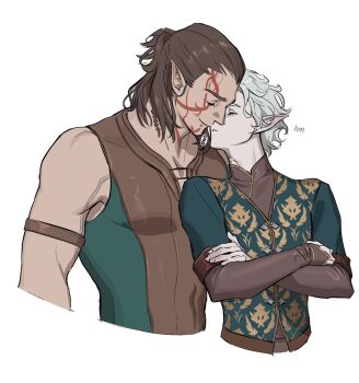Rule 34 | 2boys, armband, astarion, baldur's gate, baldur's gate 3, braid, brown gloves, brown hair, chinese commentary, closed eyes, commentary request, couple, cropped torso, crossed arms, dungeons & dragons, elbow gloves, facial mark, gloves, halsin, highres, imminent kiss, keapriciti, male focus, medium braid, multiple boys, patterned clothing, pointy ears, side braid, simple background, sleeveless, smile, vest, wavy hair, white background, white hair, yaoi