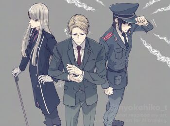 Rule 34 | 3boys, adjusting clothes, adjusting headwear, black coat, black hair, black hat, black jacket, black necktie, black pants, blonde hair, blue eyes, blunt bangs, cane, clenched hand, clenched teeth, coat, collared shirt, commentary request, dated, formal clothes, from above, frown, furrowed brow, gloves, green jacket, green pants, green suit, green vest, grey background, hair between eyes, hand on own hip, hat, hemlock (spy x family), highres, holding, holding cane, jacket, long coat, long hair, looking at another, male focus, military hat, military jacket, military uniform, mole, mole under eye, mole under mouth, multiple boys, necktie, pants, parted bangs, red necktie, red shirt, shirt, short hair, spy x family, suit, suit jacket, sweatdrop, takehide, teeth, twilight (spy x family), twitter username, vest, waistcoat, white gloves, white shirt, yuri briar