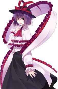 Rule 34 | 1girl, black hat, black skirt, breasts, capelet, collared shirt, commentary request, cowboy shot, crote, fingernails, frilled capelet, frilled shawl, frills, hair between eyes, hand up, hat, hat ribbon, highres, large variant set, long sleeves, looking at viewer, medium hair, nagae iku, open mouth, purple hair, red eyes, red ribbon, ribbon, shawl, shirt, simple background, skirt, solo, teeth, touhou, transparent background, upper teeth only, variant set, white shirt