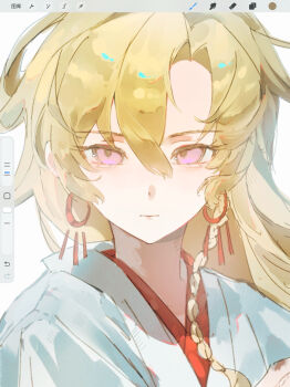 1boy absurdres aibyou_sekai art_program_in_frame blonde_hair braid closed_mouth commentary earrings hair_between_eyes highres japanese_clothes jewelry kimono liningne long_hair looking_at_viewer male_focus pink_eyes portrait procreate_(medium) procreate_(software) simple_background single_braid solo symbol-only_commentary white_background white_kimono yuishiro_egou