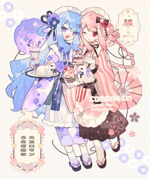 2girls :d absurdres apron black_sandals blue_eyes blue_hair commission cup drinking_glass food frilled_apron frills full_body highres holding holding_plate japanese_clothes kimono long_hair maid maid_headdress meimei_(wakamoid) multiple_girls okobo one_eye_closed open_mouth original pink_hair pink_kimono plate platform_sandals pudding purple_kimono rabbit red_eyes sandals smile socks standing striped_clothes striped_kimono tabi vertical-striped_clothes vertical-striped_kimono white_apron white_socks