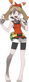 1girl ai-assisted bag bare_legs barefoot blue_eyes bracelet brown_hair feet hair_ribbon jewelry may_(pokemon) nintendo official_art pokemon pokemon_oras ribbon self-upload short_shorts shorts simple_background sugimori_ken third-party_edit toes white_background