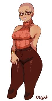 0lightsource 1girl arm_behind_back bracelet breasts brianna_(0lightsource) brown-framed_eyewear brown_eyes brown_pants commentary cropped_legs curvy dark-skinned_female dark_skin earrings eyelashes glasses gold_bracelet highres jewelry lips orange_sweater original pants shaved_head short_hair simple_background sleeveless sleeveless_sweater sleeveless_turtleneck solo sweater thick_thighs thighs turtleneck turtleneck_sweater very_short_hair white_background