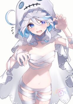 1girl absurdres alternate_costume bandaged_chest bandaged_leg bandages blue_eyes blue_hair blush breasts claw_pose collarbone colored_inner_hair commentary eyelash_ornament fang furina_(genshin_impact) genshin_impact heterochromia highres looking_at_viewer multicolored_hair mummy_costume navel open_mouth pomepome1207 short_hair simple_background skin_fang small_breasts solo stomach sweatdrop veil wavy_hair white_background white_hair white_veil