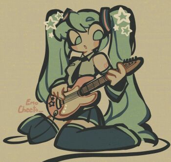 1girl aqua_eyes aqua_hair artist_name bare_shoulders black_boots black_necktie black_sleeves blush_stickers boots breasts cartoonized commentary detached_sleeves emocheeto english_commentary grey_shirt guitar hair_between_eyes hair_ornament hatsune_miku highres holding holding_guitar holding_instrument instrument long_hair looking_down music necktie number_tattoo open_mouth playing_guitar playing_instrument pleated_skirt shirt simple_background sitting skirt sleeveless sleeveless_shirt small_breasts solo star_(symbol) tattoo thick_lineart thigh_boots thighhighs toon_(style) twintails very_long_hair vocaloid wariza