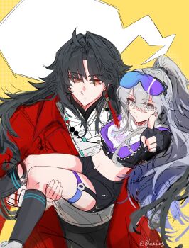 Rule 34 | 1boy, 1girl, ahoge, bandages, beads, blacies, black hair, blade (elation) (honkai: star rail), blade (honkai: star rail), carrying, chinese commentary, commentary request, double-parted bangs, earrings, eyewear on head, fingerless gloves, gloves, grey eyes, grey hair, hair between eyes, highres, honkai: star rail, honkai (series), jacket, jewelry, long hair, midriff, necklace, open clothes, open jacket, orange eyes, pointing, ponytail, princess carry, shorts, silver wolf (elation) (honkai: star rail), silver wolf (honkai: star rail), single earring, socks, tassel, thigh strap, very long hair, zipper